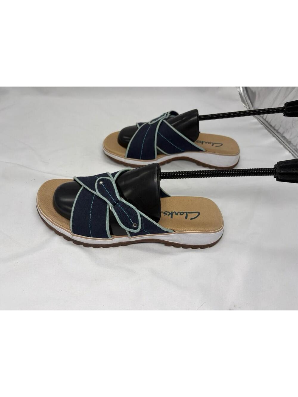 Clarks Womens Canvas Sandals Slide Open Toe Comfort Flat Navy Blue Tan  7 MINT